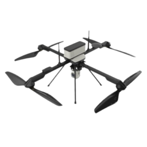 Quadcopter drone with white camera module and carbon fiber props