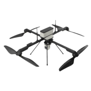 Quadcopter drone with white camera module and carbon fiber props